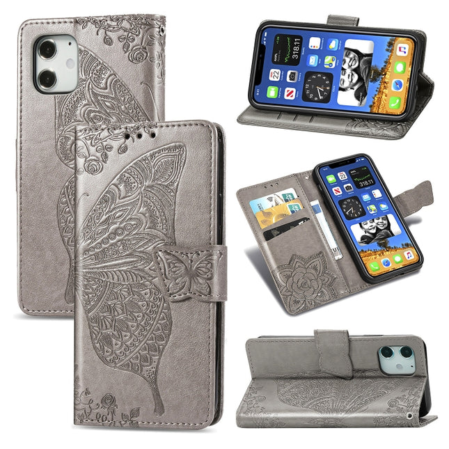 For iPhone 12 / 12 Pro 6.1 inch Butterfly Love Flower Embossed Horizontal Flip Leather Case with Bracket / Card Slot / Wallet / Lanyard(Grey)-garmade.com