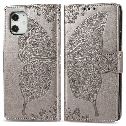For iPhone 12 / 12 Pro 6.1 inch Butterfly Love Flower Embossed Horizontal Flip Leather Case with Bracket / Card Slot / Wallet / Lanyard(Grey)-garmade.com