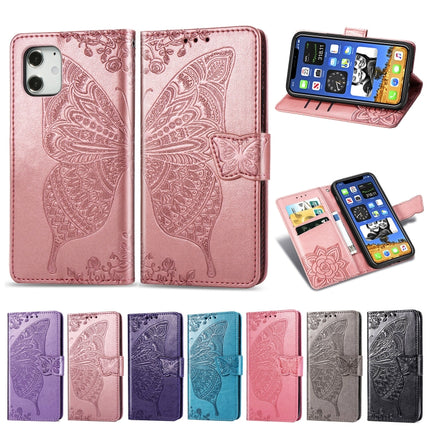 For iPhone 12 / 12 Pro 6.1 inch Butterfly Love Flower Embossed Horizontal Flip Leather Case with Bracket / Card Slot / Wallet / Lanyard(Grey)-garmade.com