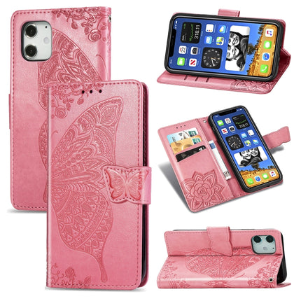 For iPhone 12 / 12 Pro 6.1 inch Butterfly Love Flower Embossed Horizontal Flip Leather Case with Bracket / Card Slot / Wallet / Lanyard(Pink)-garmade.com