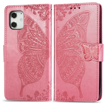 For iPhone 12 / 12 Pro 6.1 inch Butterfly Love Flower Embossed Horizontal Flip Leather Case with Bracket / Card Slot / Wallet / Lanyard(Pink)-garmade.com