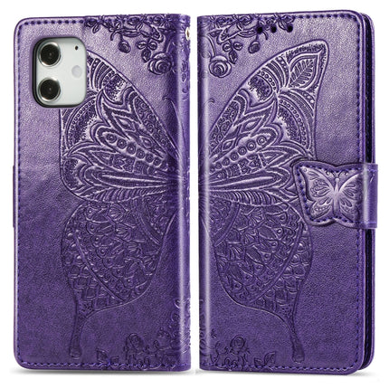 For iPhone 12 / 12 Pro 6.1 inch Butterfly Love Flower Embossed Horizontal Flip Leather Case with Bracket / Card Slot / Wallet / Lanyard(Dark Purple)-garmade.com