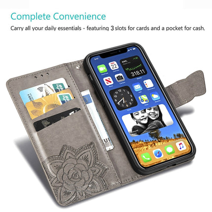 For iPhone 12 / 12 Pro 6.1 inch Butterfly Love Flower Embossed Horizontal Flip Leather Case with Bracket / Card Slot / Wallet / Lanyard(Dark Purple)-garmade.com