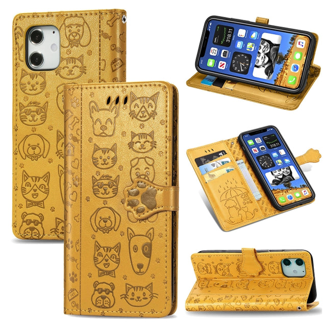 For iPhone 12 / 12 Pro Cute Cat and Dog Embossed Horizontal Flip Leather Case with Holder & Card Slots & Wallet & Lanyard(Yellow)-garmade.com