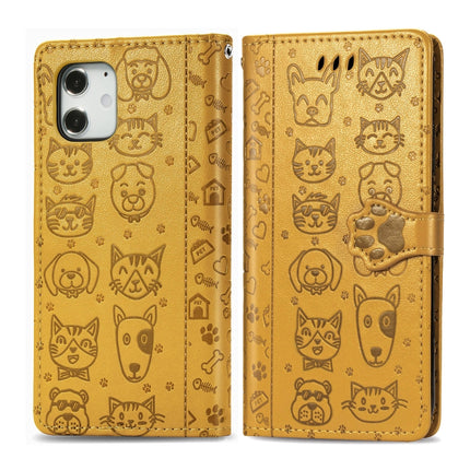 For iPhone 12 / 12 Pro Cute Cat and Dog Embossed Horizontal Flip Leather Case with Holder & Card Slots & Wallet & Lanyard(Yellow)-garmade.com