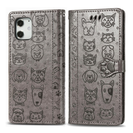 For iPhone 12 / 12 Pro Cute Cat and Dog Embossed Horizontal Flip Leather Case with Holder & Card Slots & Wallet & Lanyard(Grey)-garmade.com