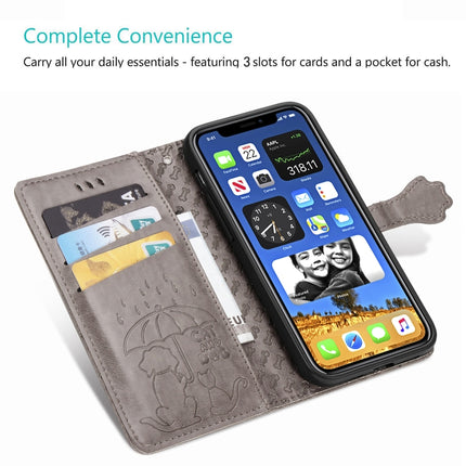 For iPhone 12 / 12 Pro Cute Cat and Dog Embossed Horizontal Flip Leather Case with Holder & Card Slots & Wallet & Lanyard(Grey)-garmade.com