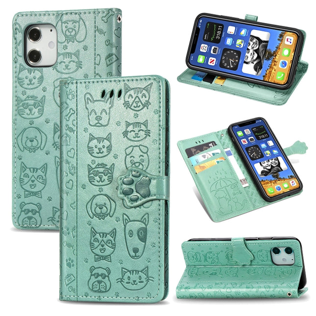 For iPhone 12 / 12 Pro Cute Cat and Dog Embossed Horizontal Flip Leather Case with Holder & Card Slots & Wallet & Lanyard(Green)-garmade.com