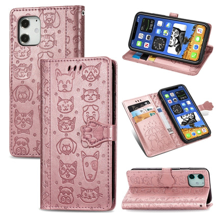 For iPhone 12 / 12 Pro Cute Cat and Dog Embossed Horizontal Flip Leather Case with Holder & Card Slots & Wallet & Lanyard(Rose Gold)-garmade.com