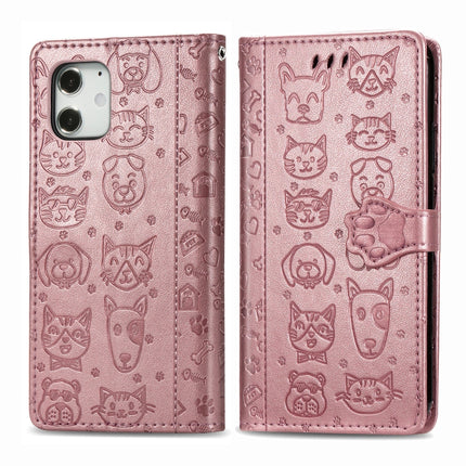 For iPhone 12 / 12 Pro Cute Cat and Dog Embossed Horizontal Flip Leather Case with Holder & Card Slots & Wallet & Lanyard(Rose Gold)-garmade.com