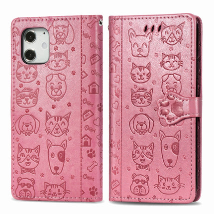 For iPhone 12 mini Cute Cat and Dog Embossed Horizontal Flip Leather Case with Holder & Card Slots & Wallet & Lanyard(Pink)-garmade.com