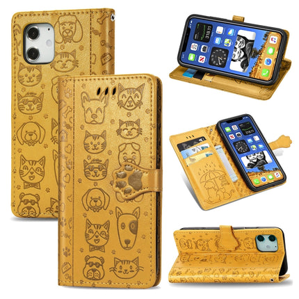 For iPhone 12 mini Cute Cat and Dog Embossed Horizontal Flip Leather Case with Holder & Card Slots & Wallet & Lanyard(Yellow)-garmade.com