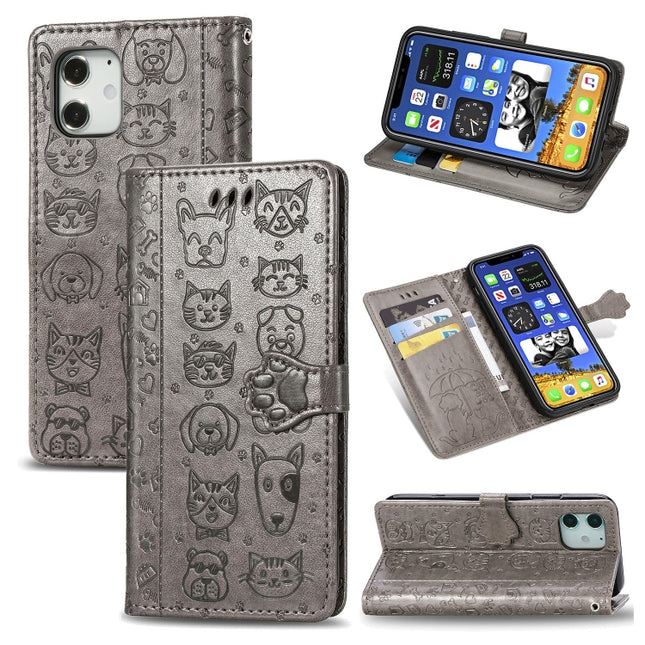 For iPhone 12 mini Cute Cat and Dog Embossed Horizontal Flip Leather Case with Holder & Card Slots & Wallet & Lanyard(Grey)-garmade.com