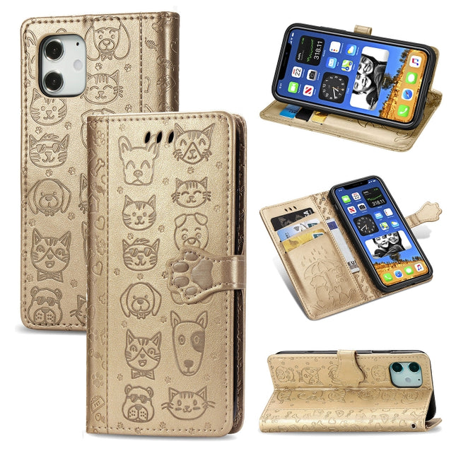 For iPhone 12 mini Cute Cat and Dog Embossed Horizontal Flip Leather Case with Holder & Card Slots & Wallet & Lanyard(Gold)-garmade.com