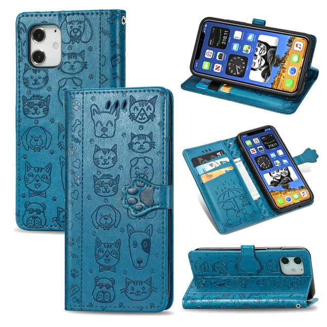 For iPhone 12 mini Cute Cat and Dog Embossed Horizontal Flip Leather Case with Holder & Card Slots & Wallet & Lanyard(Blue)-garmade.com