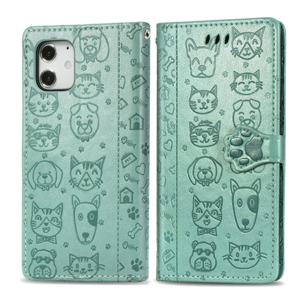 For iPhone 12 mini Cute Cat and Dog Embossed Horizontal Flip Leather Case with Holder & Card Slots & Wallet & Lanyard(Green)-garmade.com