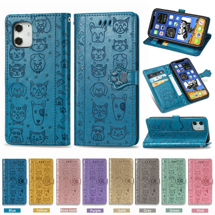 For iPhone 12 mini Cute Cat and Dog Embossed Horizontal Flip Leather Case with Holder & Card Slots & Wallet & Lanyard(Green)-garmade.com
