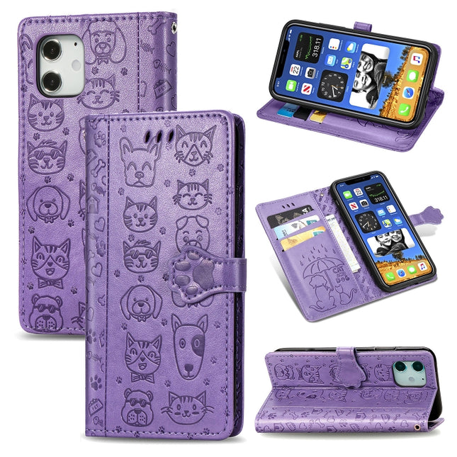 For iPhone 12 mini Cute Cat and Dog Embossed Horizontal Flip Leather Case with Holder & Card Slots & Wallet & Lanyard(Purple)-garmade.com