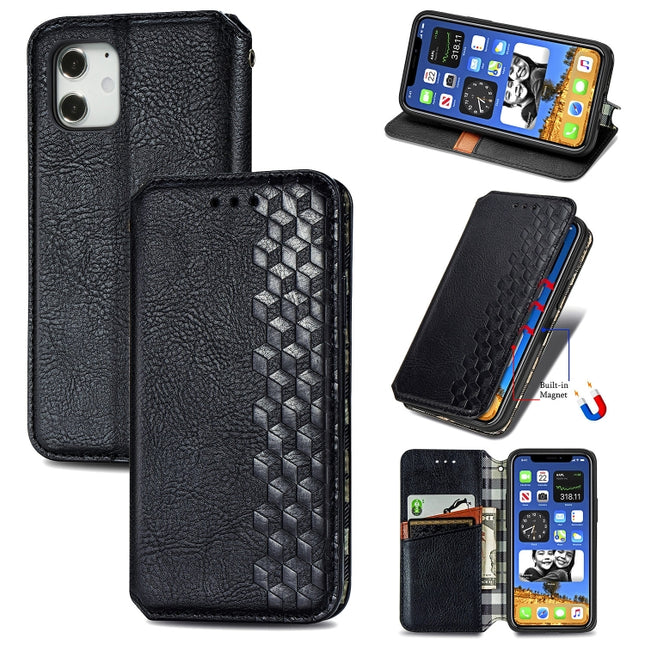 For iPhone 12 mini Cubic Grid Pressed Horizontal Flip Magnetic PU Leather Case with Holder & Card Slots & Wallet(Black)-garmade.com