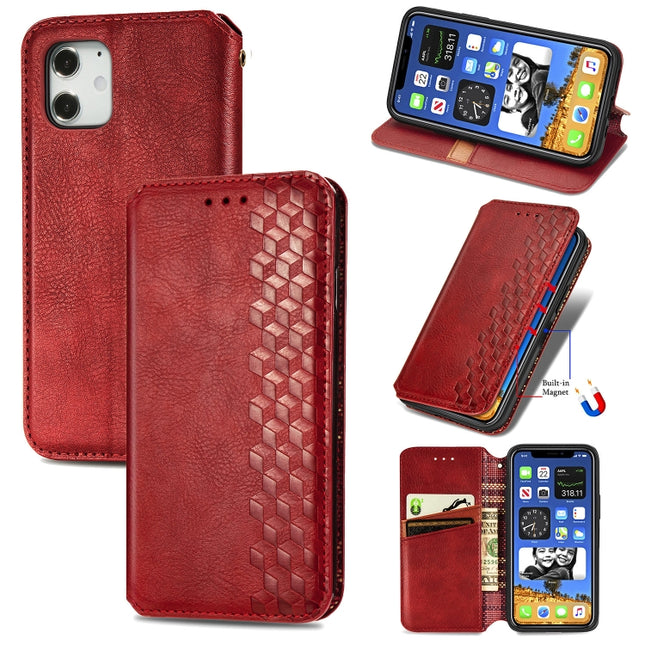 For iPhone 12 mini Cubic Grid Pressed Horizontal Flip Magnetic PU Leather Case with Holder & Card Slots & Wallet(Red)-garmade.com