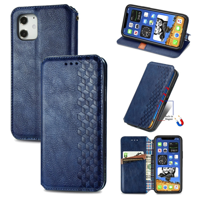 For iPhone 12 mini Cubic Grid Pressed Horizontal Flip Magnetic PU Leather Case with Holder & Card Slots & Wallet(Blue)-garmade.com