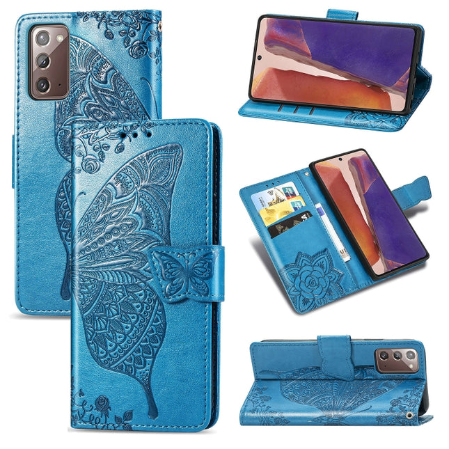 For Samsung Galaxy Note 20 Butterfly Love Flower Embossed Horizontal Flip Leather Case with Bracket / Card Slot / Wallet / Lanyard(Blue)-garmade.com