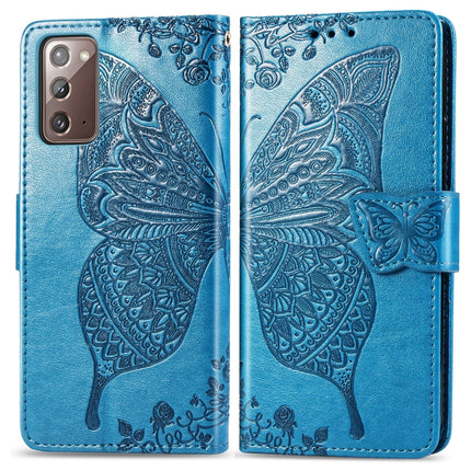 For Samsung Galaxy Note 20 Butterfly Love Flower Embossed Horizontal Flip Leather Case with Bracket / Card Slot / Wallet / Lanyard(Blue)-garmade.com