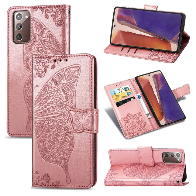 For Samsung Galaxy Note 20 Butterfly Love Flower Embossed Horizontal Flip Leather Case with Bracket / Card Slot / Wallet / Lanyard(Rose Gold)-garmade.com
