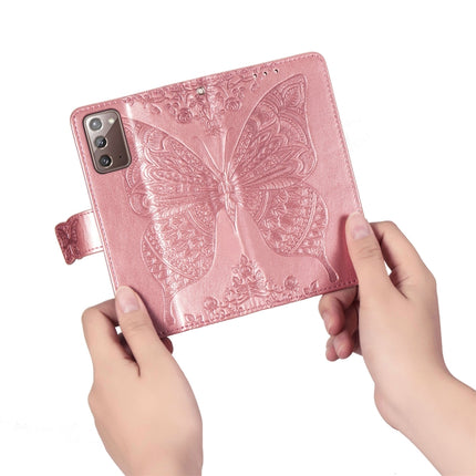 For Samsung Galaxy Note 20 Butterfly Love Flower Embossed Horizontal Flip Leather Case with Bracket / Card Slot / Wallet / Lanyard(Rose Gold)-garmade.com