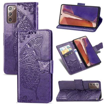 For Samsung Galaxy Note 20 Butterfly Love Flower Embossed Horizontal Flip Leather Case with Bracket / Card Slot / Wallet / Lanyard(Dark Purple)-garmade.com