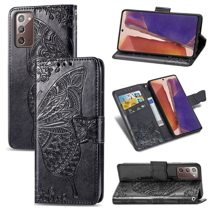 For Samsung Galaxy Note 20 Ultra Butterfly Love Flower Embossed Horizontal Flip Leather Case with Bracket / Card Slot / Wallet / Lanyard(Black)-garmade.com