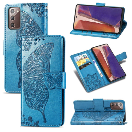 For Samsung Galaxy Note 20 Ultra Butterfly Love Flower Embossed Horizontal Flip Leather Case with Bracket / Card Slot / Wallet / Lanyard(Blue)-garmade.com