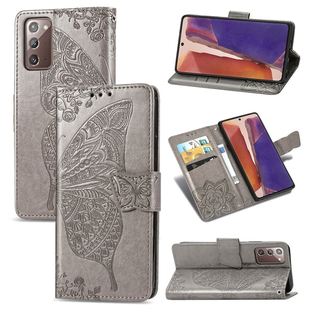 For Samsung Galaxy Note 20 Ultra Butterfly Love Flower Embossed Horizontal Flip Leather Case with Bracket / Card Slot / Wallet / Lanyard(Grey)-garmade.com