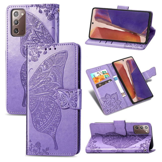 For Samsung Galaxy Note 20 Ultra Butterfly Love Flower Embossed Horizontal Flip Leather Case with Bracket / Card Slot / Wallet / Lanyard(Light Purple)-garmade.com
