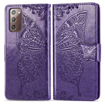 For Samsung Galaxy Note 20 Ultra Butterfly Love Flower Embossed Horizontal Flip Leather Case with Bracket / Card Slot / Wallet / Lanyard(Dark Purple)-garmade.com