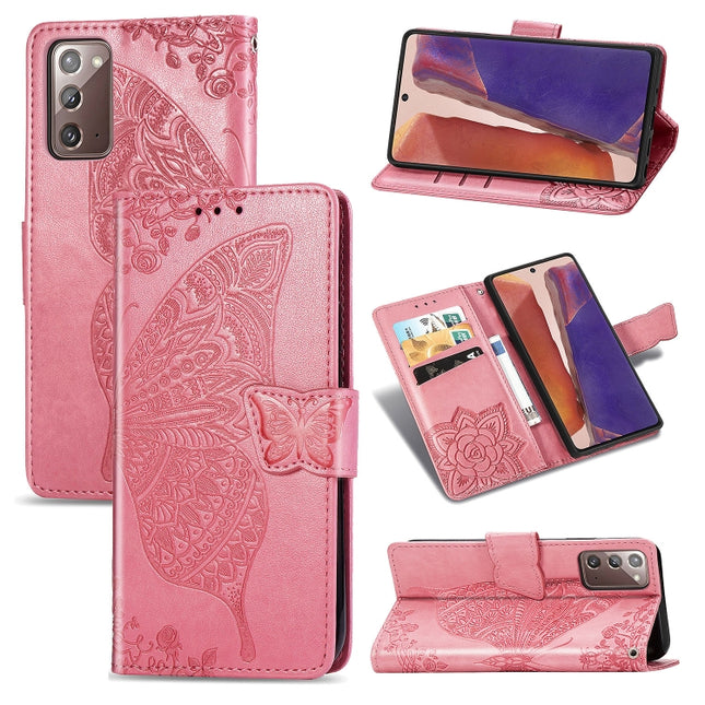 For Samsung Galaxy Note 20 Ultra Butterfly Love Flower Embossed Horizontal Flip Leather Case with Bracket / Card Slot / Wallet / Lanyard(Pink)-garmade.com