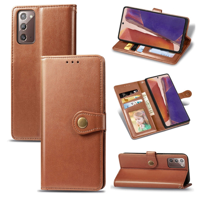 For Samsung Galaxy Note 20 Retro Solid Color Leather Buckle Phone Case with Lanyard & Photo Frame & Card Slot & Wallet & Stand Function(Brown)-garmade.com