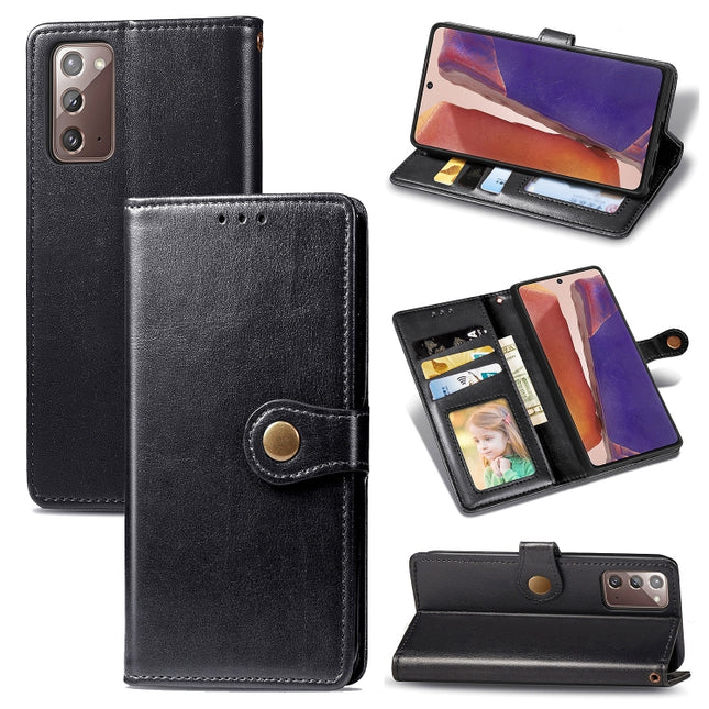 For Samsung Galaxy Note 20 Retro Solid Color Leather Buckle Phone Case with Lanyard & Photo Frame & Card Slot & Wallet & Stand Function(Black)-garmade.com