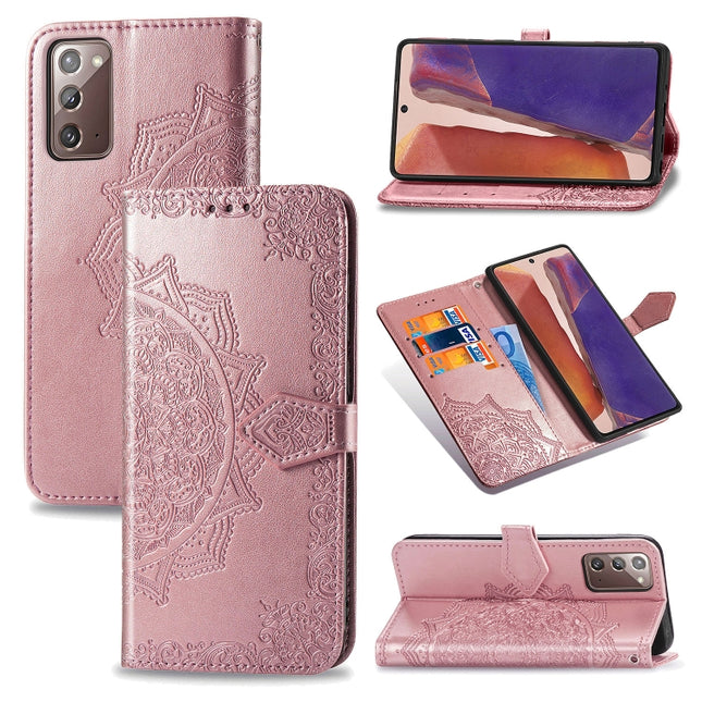 For Samsung Galaxy Note20 Halfway Mandala Embossing Pattern Horizontal Flip Leather Case with Holder & Card Slots & Wallet & Lanyard(Rose Gold)-garmade.com