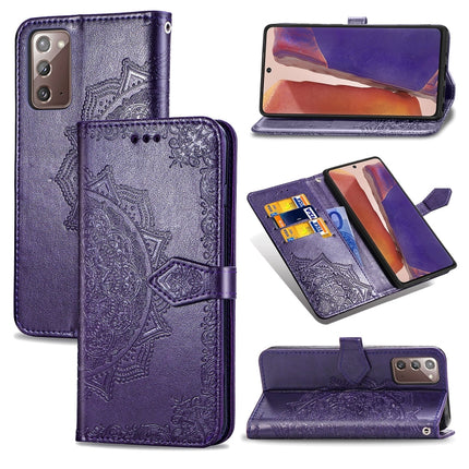 For Samsung Galaxy Note20 Halfway Mandala Embossing Pattern Horizontal Flip Leather Case with Holder & Card Slots & Wallet & Lanyard(Purple)-garmade.com
