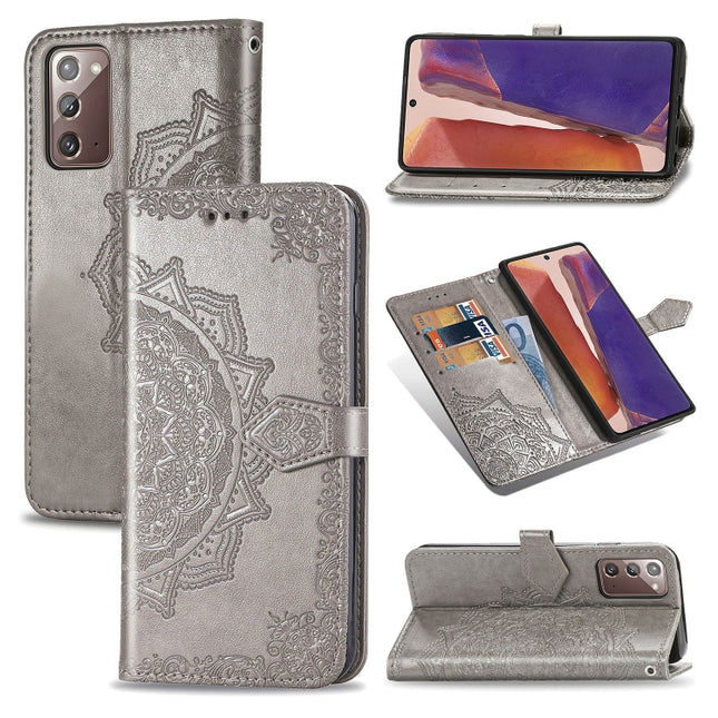 For Samsung Galaxy Note20 Halfway Mandala Embossing Pattern Horizontal Flip Leather Case with Holder & Card Slots & Wallet & Lanyard(Grey)-garmade.com