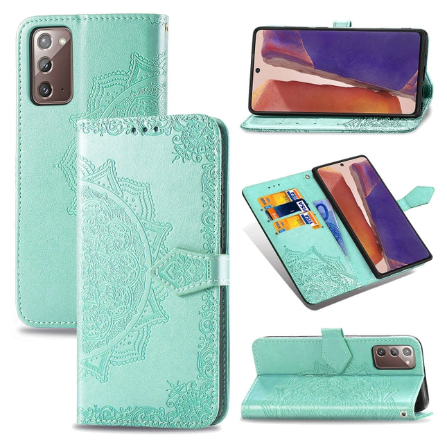 For Samsung Galaxy Note20 Ultra Halfway Mandala Embossing Pattern Horizontal Flip Leather Case with Holder & Card Slots & Wallet & Lanyard(Green)-garmade.com
