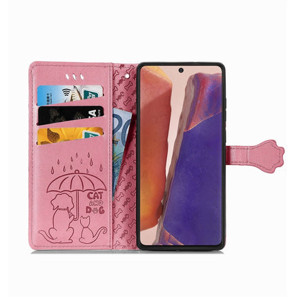 For Samsung Galaxy Note20 Cute Cat and Dog Embossed Horizontal Flip Leather Case with Bracket / Card Slot / Wallet / Lanyard(Pink)-garmade.com