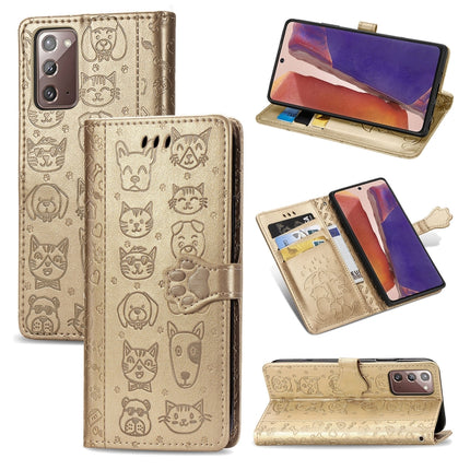 For Samsung Galaxy Note20 Cute Cat and Dog Embossed Horizontal Flip Leather Case with Bracket / Card Slot / Wallet / Lanyard(Gold)-garmade.com