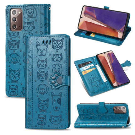 For Samsung Galaxy Note20 Cute Cat and Dog Embossed Horizontal Flip Leather Case with Bracket / Card Slot / Wallet / Lanyard(Blue)-garmade.com