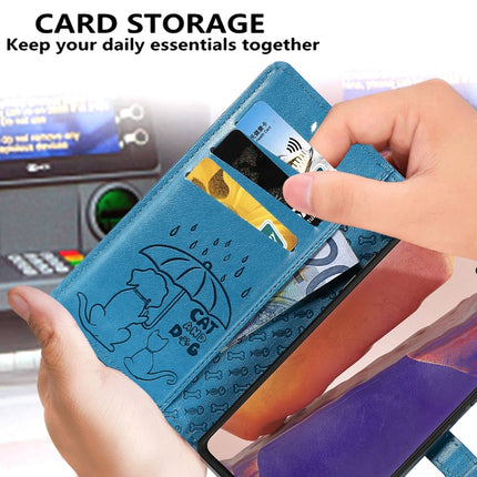 For Samsung Galaxy Note20 Cute Cat and Dog Embossed Horizontal Flip Leather Case with Bracket / Card Slot / Wallet / Lanyard(Blue)-garmade.com
