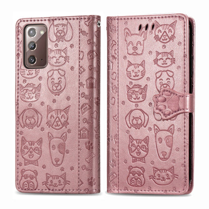 For Samsung Galaxy Note20 Cute Cat and Dog Embossed Horizontal Flip Leather Case with Bracket / Card Slot / Wallet / Lanyard(Rose Gold)-garmade.com