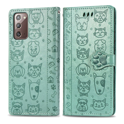 For Samsung Galaxy Note20 Cute Cat and Dog Embossed Horizontal Flip Leather Case with Bracket / Card Slot / Wallet / Lanyard(Green)-garmade.com