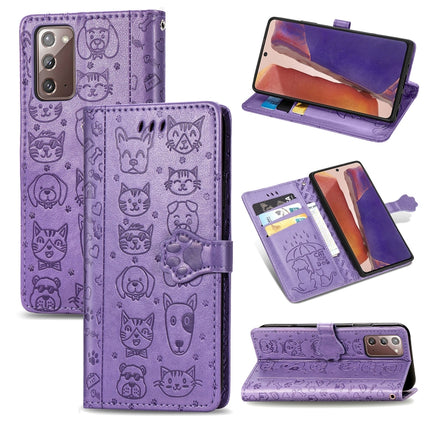 For Samsung Galaxy Note20 Cute Cat and Dog Embossed Horizontal Flip Leather Case with Bracket / Card Slot / Wallet / Lanyard(Purple)-garmade.com