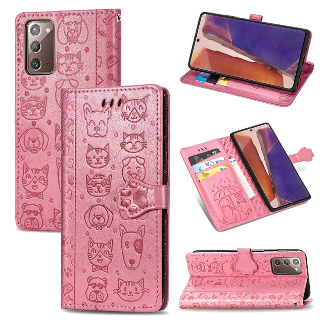 For Samsung Galaxy Note20 Ultra Cute Cat and Dog Embossed Horizontal Flip Leather Case with Bracket / Card Slot / Wallet / Lanyard(Pink)-garmade.com